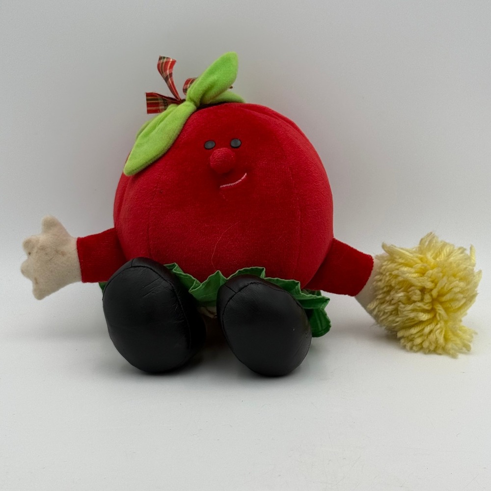 Vintage Plush Red Apple Cheerleader Pom Pom Ruffle Skirt 8.5 Inch Collectible